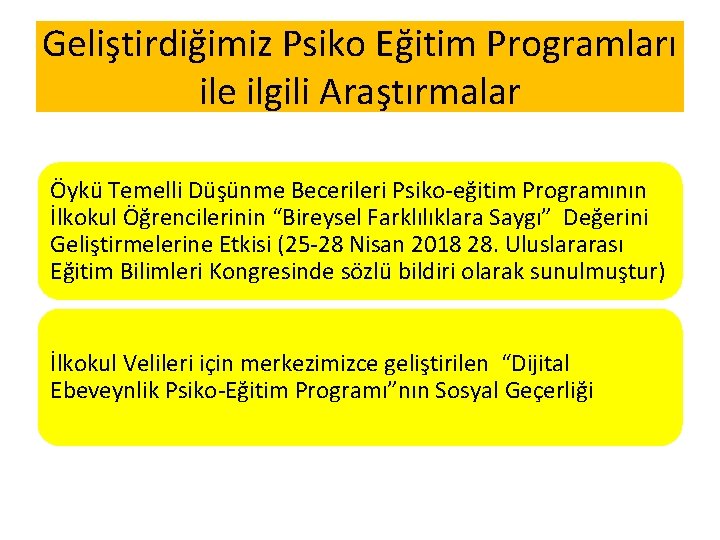 Geliştirdiğimiz Psiko Eğitim Programları ile ilgili Araştırmalar Öykü Temelli Düşünme Becerileri Psiko-eğitim Programının İlkokul