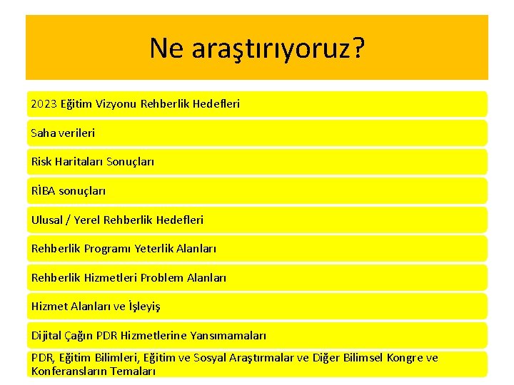 Ne araştırıyoruz? 2023 Eğitim Vizyonu Rehberlik Hedefleri Saha verileri Risk Haritaları Sonuçları RİBA sonuçları