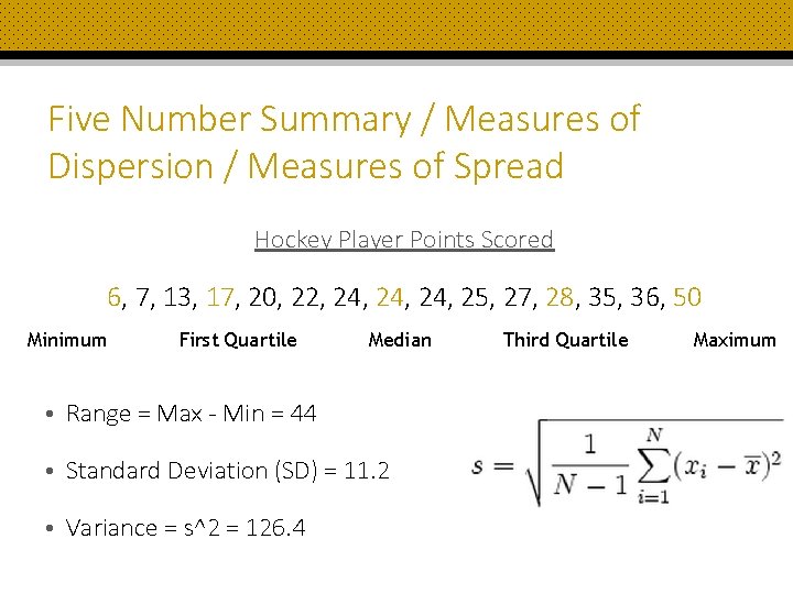 Five Number Summary / Measures of Dispersion / Measures of Spread Hockey Player Points
