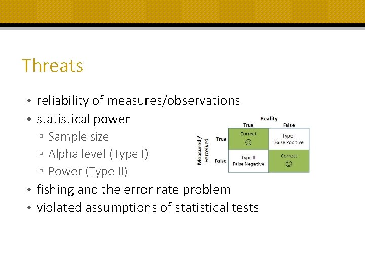 Threats • reliability of measures/observations • statistical power ▫ Sample size ▫ Alpha level