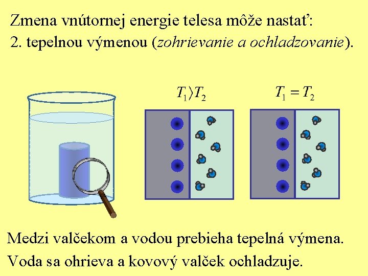 Zmena vnútornej energie telesa môže nastať: 2. tepelnou výmenou (zohrievanie a ochladzovanie). Medzi valčekom