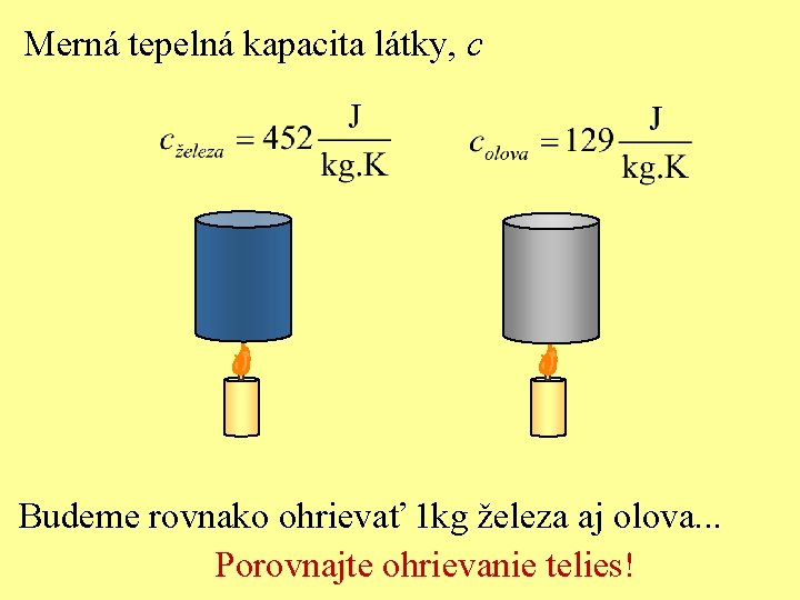 Merná tepelná kapacita látky, c Budeme rovnako ohrievať 1 kg železa aj olova. .