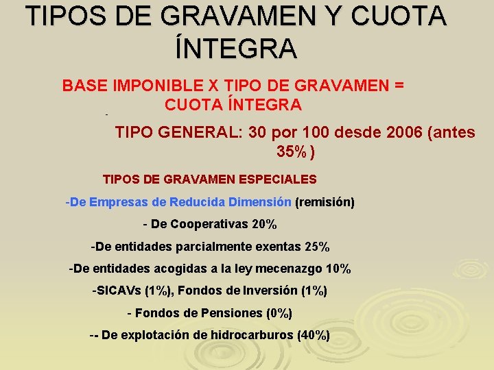 TIPOS DE GRAVAMEN Y CUOTA ÍNTEGRA BASE IMPONIBLE X TIPO DE GRAVAMEN = CUOTA