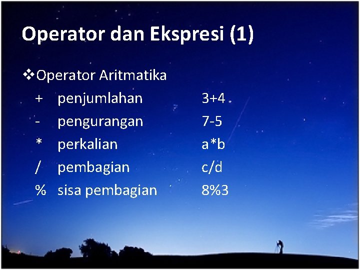 Operator dan Ekspresi (1) v. Operator Aritmatika + penjumlahan - pengurangan * perkalian /