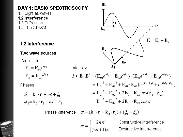 DAY 1: BASIC SPECTROSCOPY 1. 1 Light as waves 1. 2 Interference 1. 3