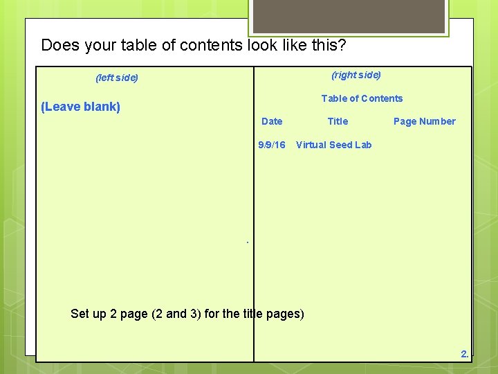 Does your table of contents look like this? (right side) (left side) Table of