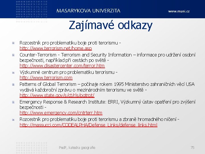 Zajímavé odkazy Rozcestník problematiku boje proti terorismu - http: //www. terrorism. net/home. asp Counter-Terrorism