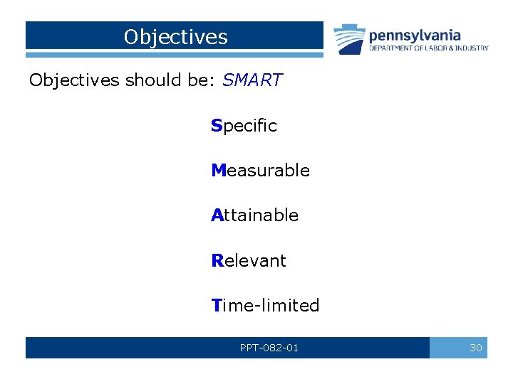 Objectives should be: SMART Specific Measurable Attainable Relevant Time-limited PPT-082 -01 30 