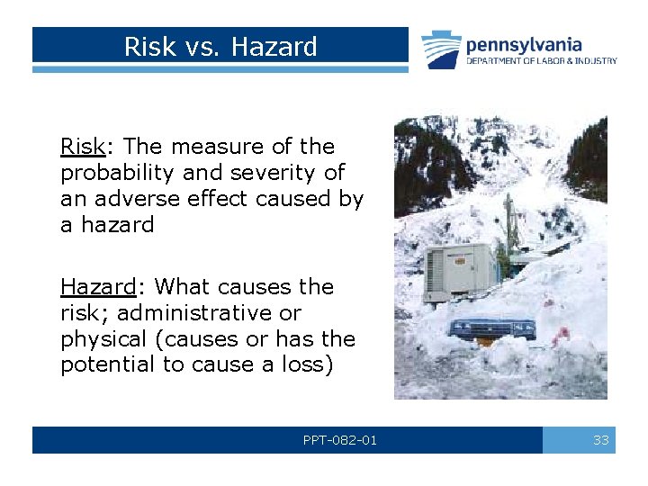 Risk vs. Hazard Risk: The measure of the probability and severity of an adverse