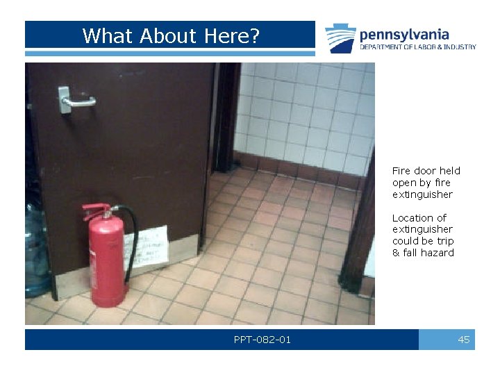 What About Here? Fire door held open by fire extinguisher Location of extinguisher could