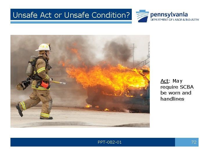 Unsafe Act or Unsafe Condition? Act: May require SCBA be worn and handlines PPT-082