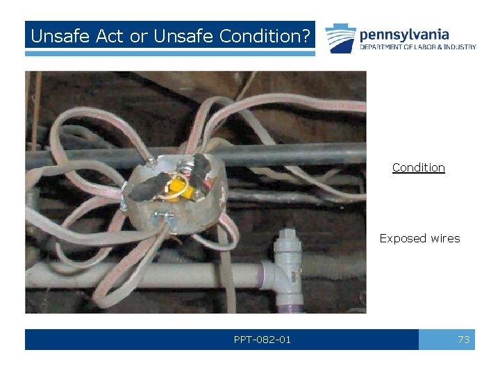 Unsafe Act or Unsafe Condition? Condition Exposed wires PPT-082 -01 73 