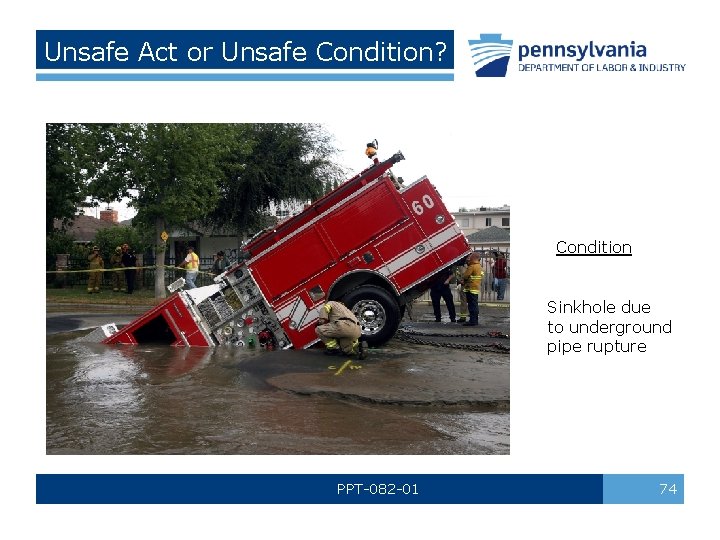 Unsafe Act or Unsafe Condition? Condition Sinkhole due to underground pipe rupture PPT-082 -01