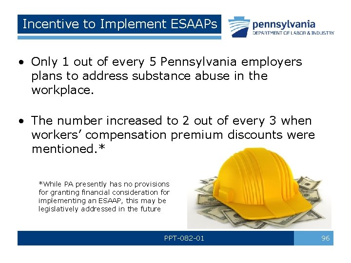 Incentive to Implement ESAAPs • Only 1 out of every 5 Pennsylvania employers plans