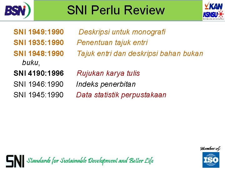 SNI Perlu Review SNI 1949: 1990 Deskripsi untuk monografi SNI 1935: 1990 Penentuan tajuk