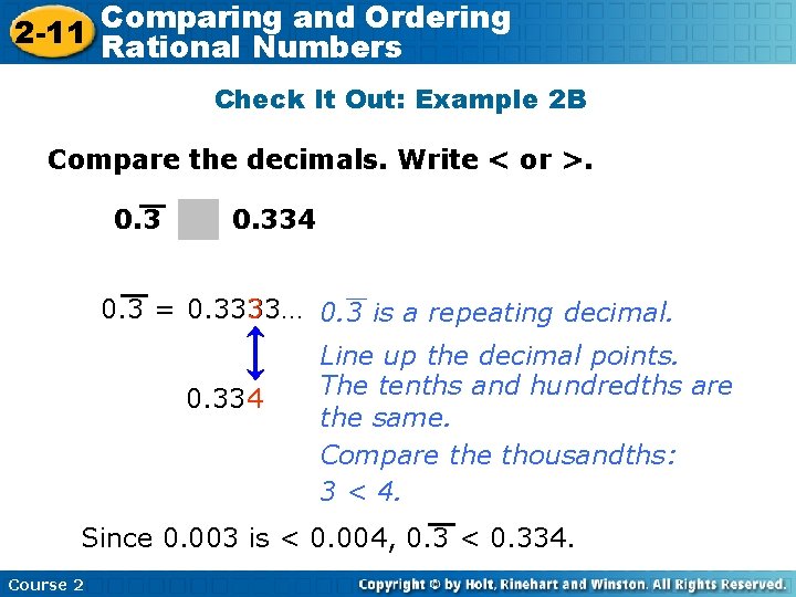 Comparing and Ordering 2 -11 Rational Numbers Check It Out: Example 2 B Compare