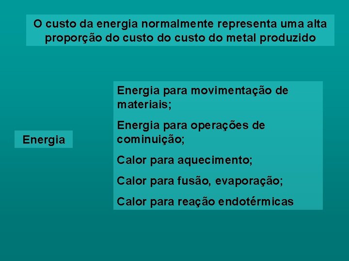 O custo da energia normalmente representa uma alta proporção do custo do metal produzido