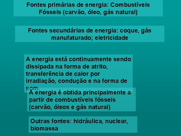 Fontes primárias de energia: Combustíveis Fósseis (carvão, óleo, gás natural) Fontes secundárias de energia: