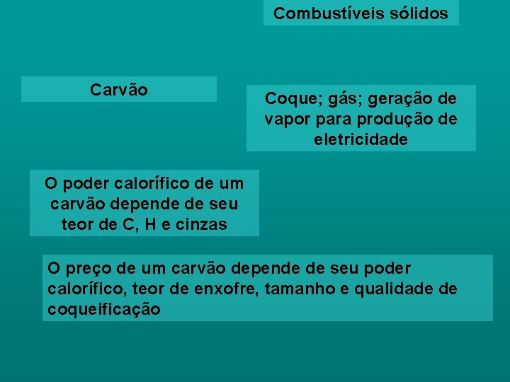 Combustíveis sólidos Carvão Coque; gás; geração de vapor para produção de eletricidade O poder