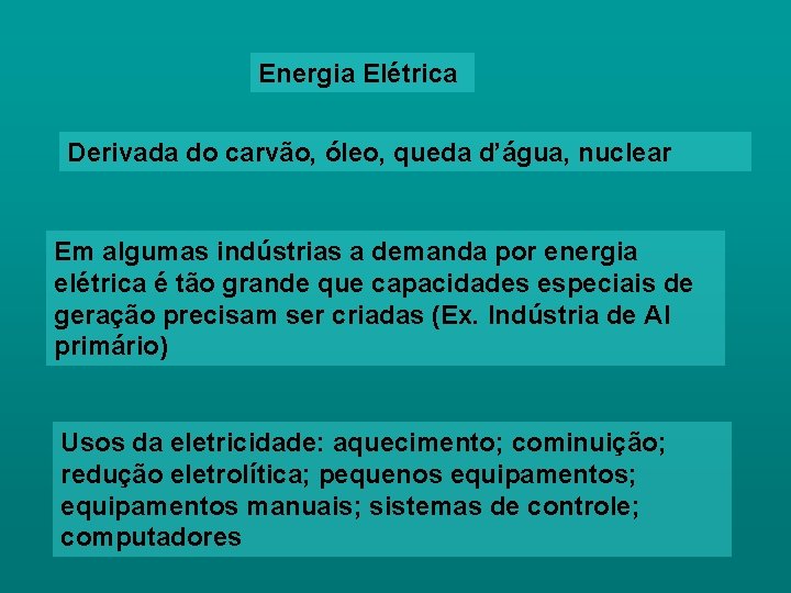 Energia Elétrica Derivada do carvão, óleo, queda d’água, nuclear Em algumas indústrias a demanda