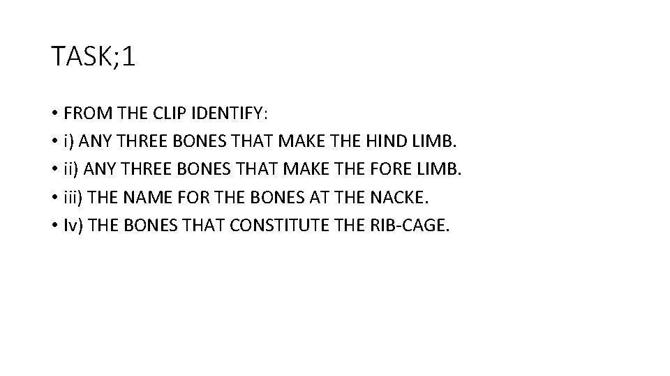 TASK; 1 • FROM THE CLIP IDENTIFY: • i) ANY THREE BONES THAT MAKE