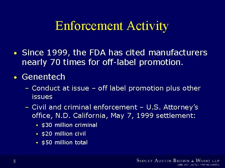 Enforcement Activity • Since 1999, the FDA has cited manufacturers nearly 70 times for