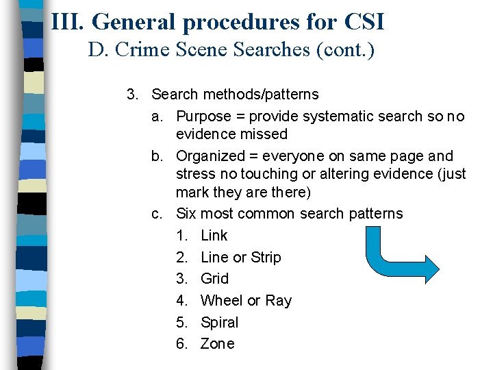 III. General procedures for CSI D. Crime Scene Searches (cont. ) 3. Search methods/patterns III. General procedures for CSI D. Crime Scene Searches (cont. ) 3. Search methods/patterns