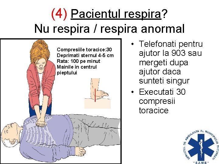 (4) Pacientul respira? Nu respira / respira anormal Compresiile toracice: 30 Deprimati sternul 4