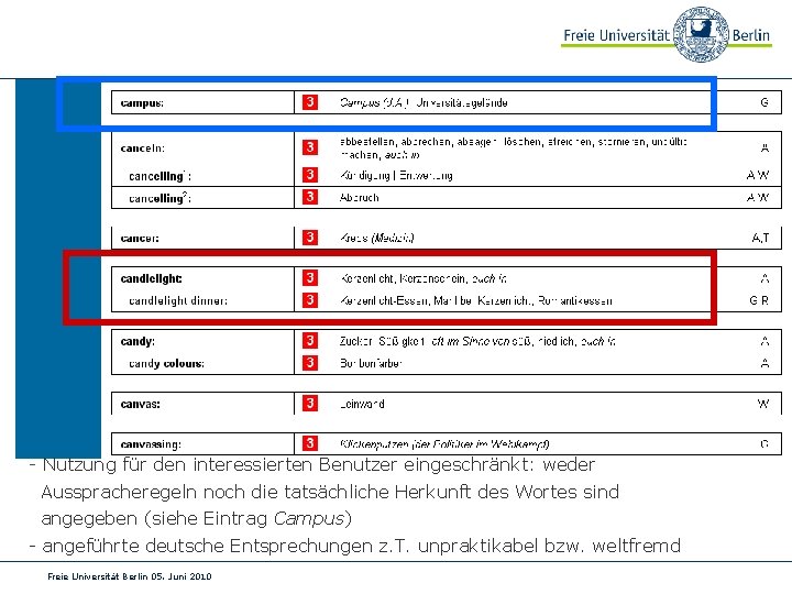 - Nutzung für den interessierten Benutzer eingeschränkt: weder Ausspracheregeln noch die tatsächliche Herkunft des