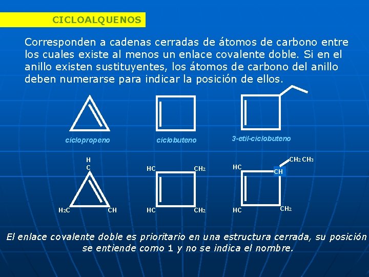 CICLOALQUENOS Corresponden a cadenas cerradas de átomos de carbono entre los cuales existe al