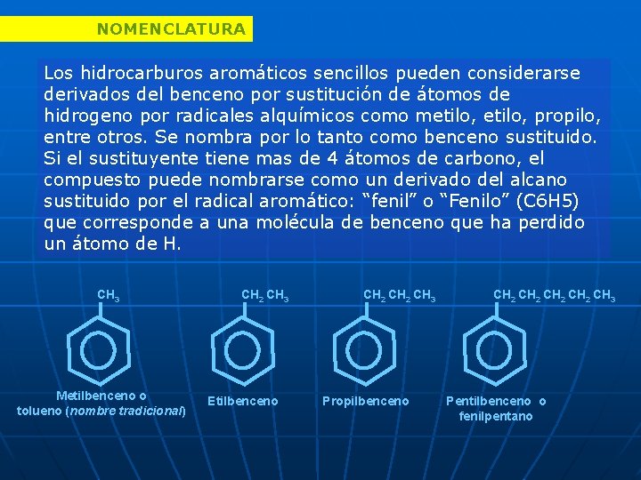 NOMENCLATURA Los hidrocarburos aromáticos sencillos pueden considerarse derivados del benceno por sustitución de átomos