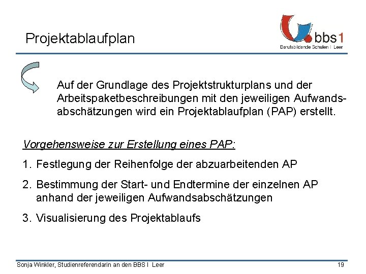 Projektablaufplan Auf der Grundlage des Projektstrukturplans und der Arbeitspaketbeschreibungen mit den jeweiligen Aufwandsabschätzungen wird