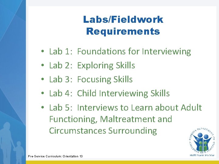 Labs/Fieldwork Requirements • • • Lab 1: Foundations for Interviewing Lab 2: Exploring Skills