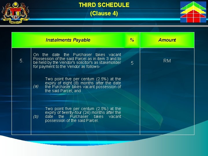 THIRD SCHEDULE (Clause 4) Instalments Payable 5. On the date the Purchaser takes vacant
