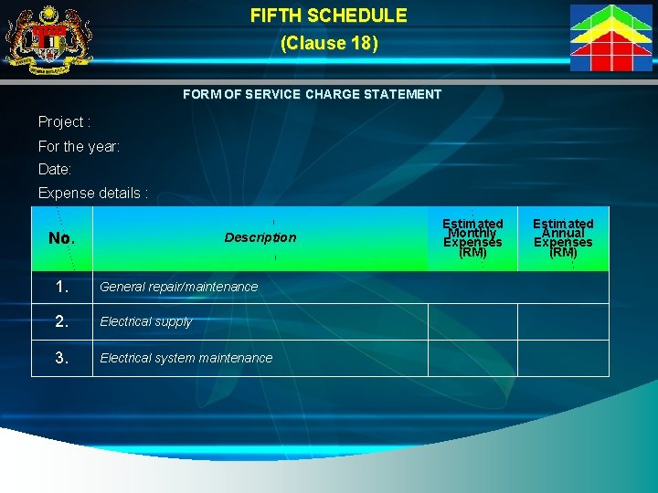 FIFTH SCHEDULE (Clause 18) FORM OF SERVICE CHARGE STATEMENT Project : For the year: