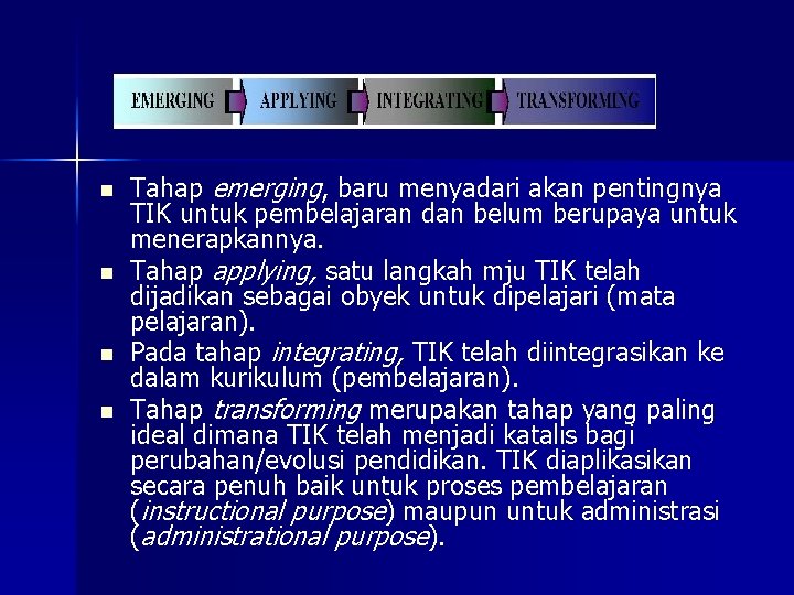 n n Tahap emerging, baru menyadari akan pentingnya TIK untuk pembelajaran dan belum berupaya