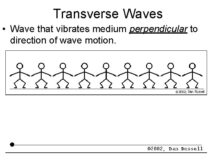 Transverse Waves • Wave that vibrates medium perpendicular to direction of wave motion. 