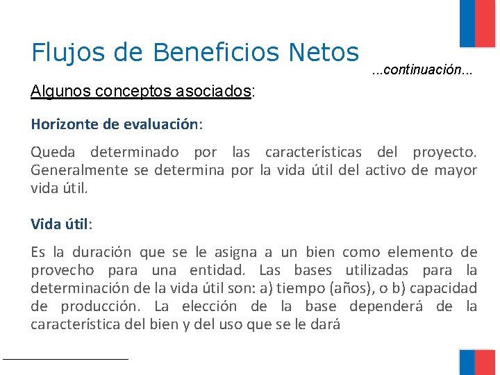 Flujos de Beneficios Netos . . . continuación. . . Algunos conceptos asociados: Horizonte