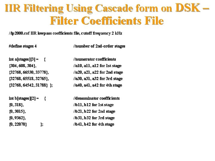 IIR Filtering Using Cascade form on DSK – Filter Coefficients File //lp 2000. cof