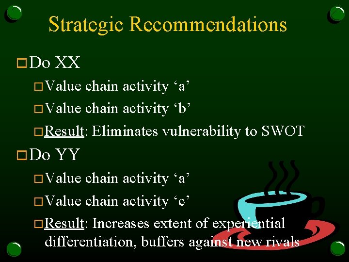 Strategic Recommendations o Do XX o. Value chain activity ‘a’ o. Value chain activity