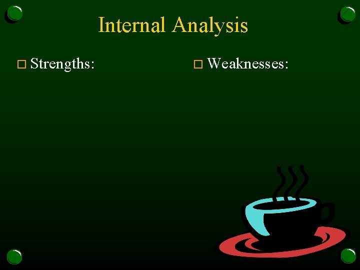 Internal Analysis o Strengths: o Weaknesses: 