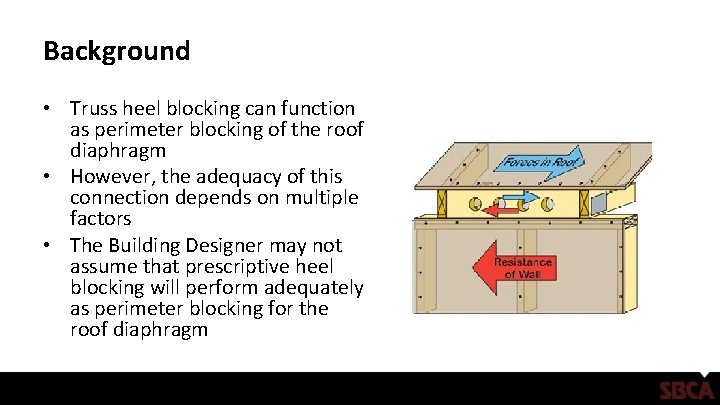 Background • Truss heel blocking can function as perimeter blocking of the roof diaphragm