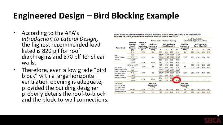 Engineered Design – Bird Blocking Example • According to the APA’s Introduction to Lateral