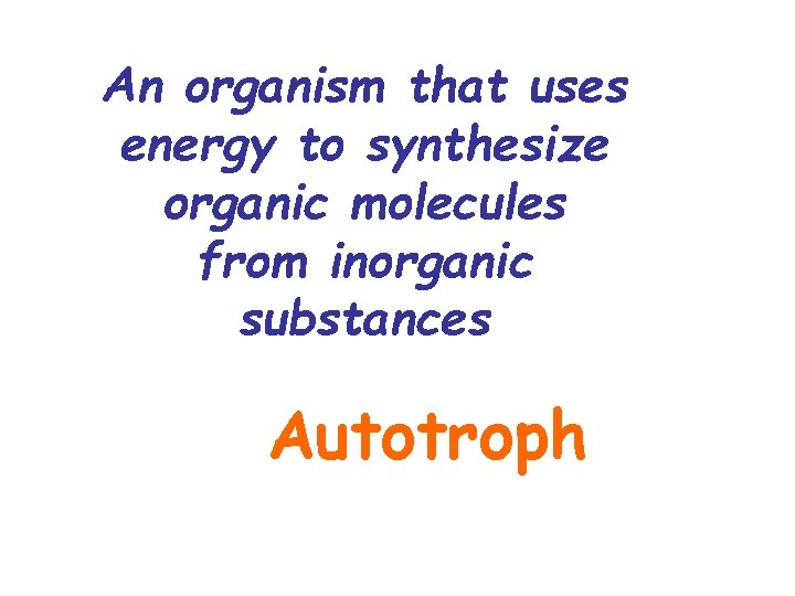 An organism that uses energy to synthesize organic molecules from inorganic substances Autotroph 