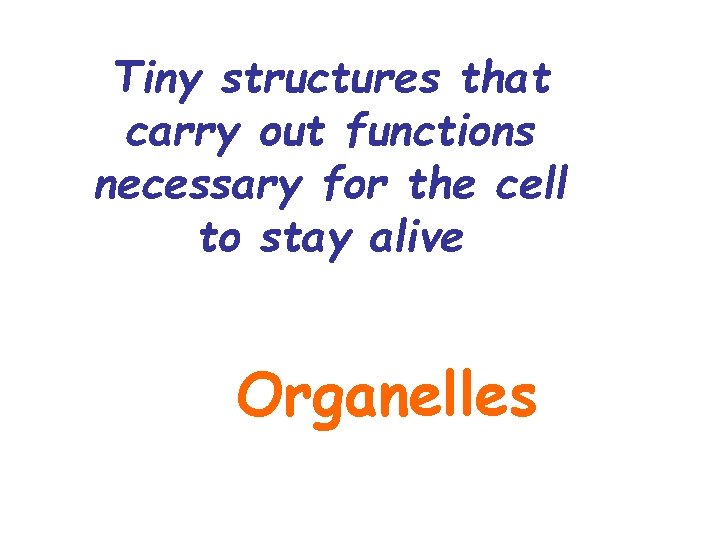 Tiny structures that carry out functions necessary for the cell to stay alive Organelles