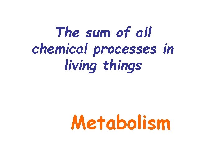 The sum of all chemical processes in living things Metabolism 