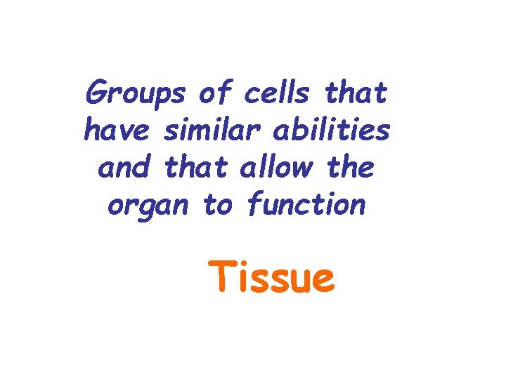 Groups of cells that have similar abilities and that allow the organ to function Groups of cells that have similar abilities and that allow the organ to function