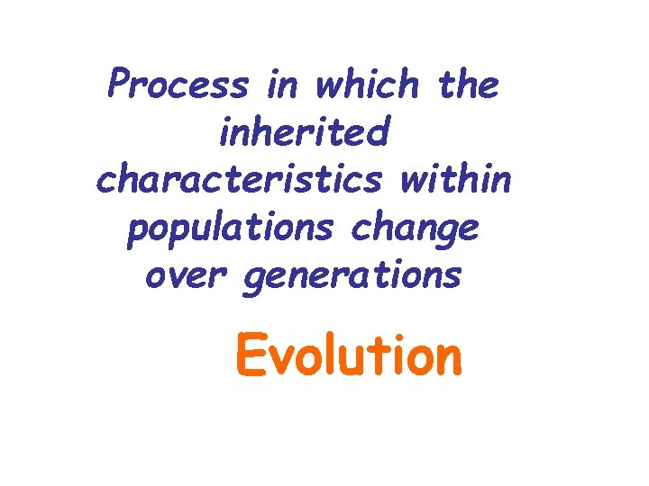 Process in which the inherited characteristics within populations change over generations Evolution 