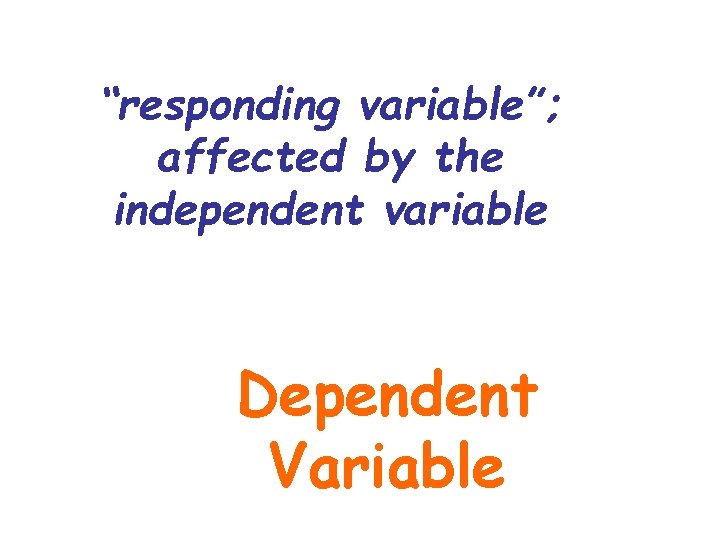 “responding variable”; affected by the independent variable Dependent Variable “responding variable”; affected by the independent variable Dependent Variable