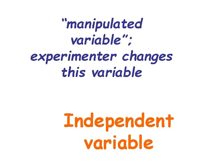 “manipulated variable”; experimenter changes this variable Independent variable “manipulated variable”; experimenter changes this variable Independent variable